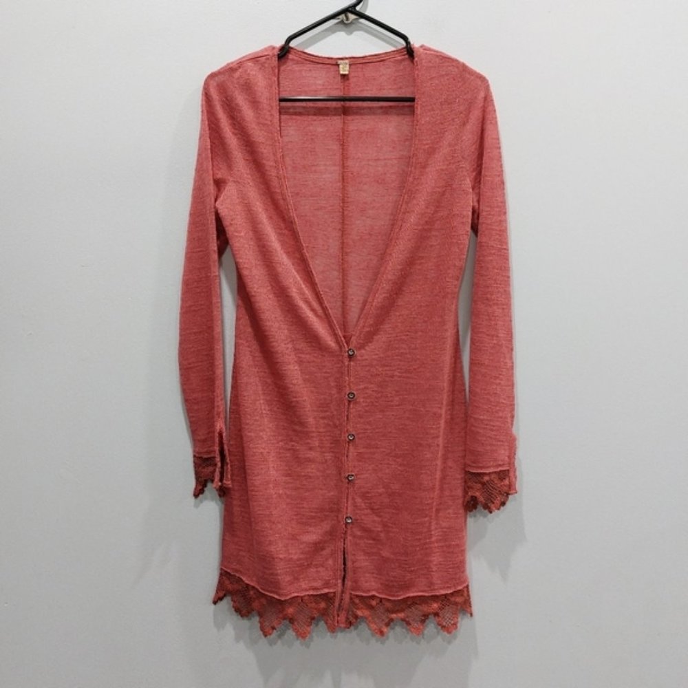 Free People Coral Lace-Hem Long Cardigan
